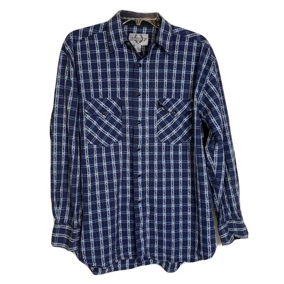 Cowboy Up Men Shirt Medium Pearl Snap Blue Plaid Long Sleeve Blue Western Pocket - Picture 1 of 11